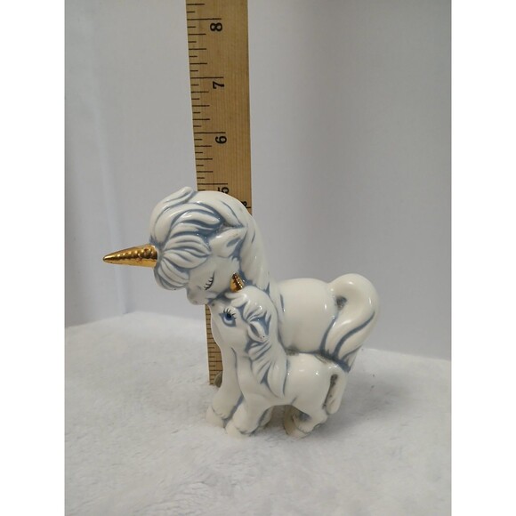 Vintage Ceramic Unicorn Figurine Mother and Foal White Blue Gold Horn - Picture 4 of 4